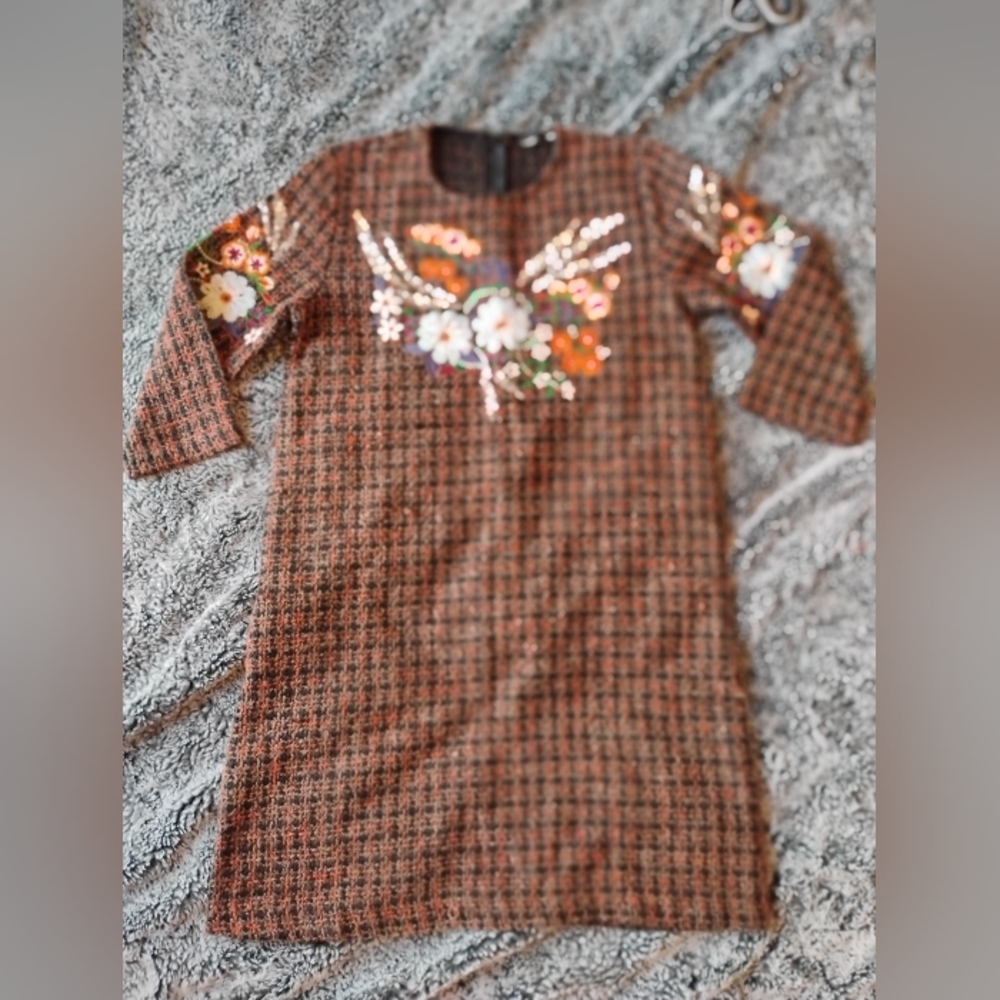 Zara Brown Checkered Dress with Floral Embroidery